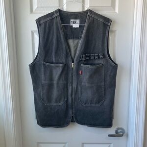 Vintage Black Denim Work Utility Zipper Vest Mens Small